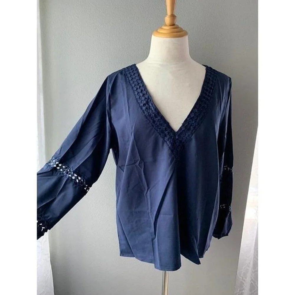 Navy Blue Crochet Lace V-Neck Long Sleeve Blouse Boho Top XL - Picture 2 of 8